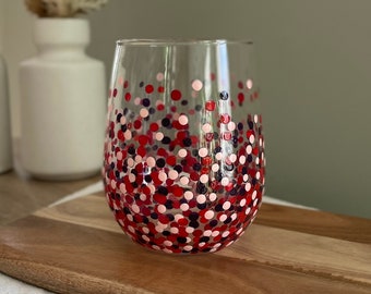 Painted Polka Dot Wine Glass // Single Stemless Glass // Deep Reds & Pink