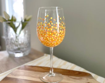 Painted Polka Dot Wine Glass // Single Stemmed Wine Glass // Orange & Yellow