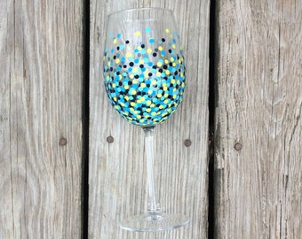 Painted Polka Dot Wine Glass // Single Stemmed Glass // Blues & Lime Green