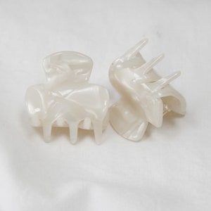 May include: Two white plastic hair clips with a swirl design. The clips have multiple teeth to hold hair in place.