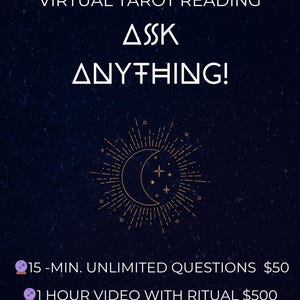 May include: A dark blue background with gold stars and a crescent moon. The text "BAYOU ALCHEMY" is at the top of the image. The text "VIRTUAL TAROT READING" is below the first line of text. The text "ASSK ANYTHING!" is below the second line of text. The text "15-MIN. UNLIMITED QUESTIONS $50" is at the bottom of the image. The text "1 HOUR VIDEO WITH RITUAL $500 INCLUDED" is below the first line of text. The text "CANDLE BATH INCENSE & CRYSTALS" is below the second line of text.