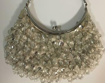 Vintage Winter White Handbag with Dangling Crystals, Silver Pallettes and Beads - Hand Made In Hong Kong - Perfect For The Bride! C. 1950s