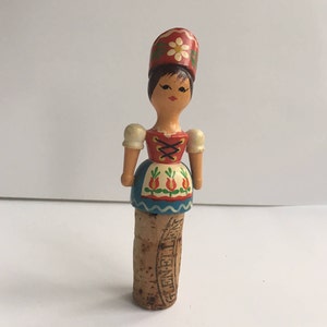 Vintage Hand Made Wine Stopper - Hand Painted Souvenir - Dutch Girl on Glen Ellen Cork Sonoma CA