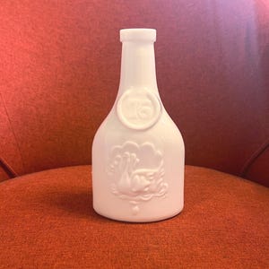Vintage 76 Milk Glass Bottle or Vase with Swans on Front and Season&#39;s Greetings Message on the Back - Bicentennial Commemorative Jug