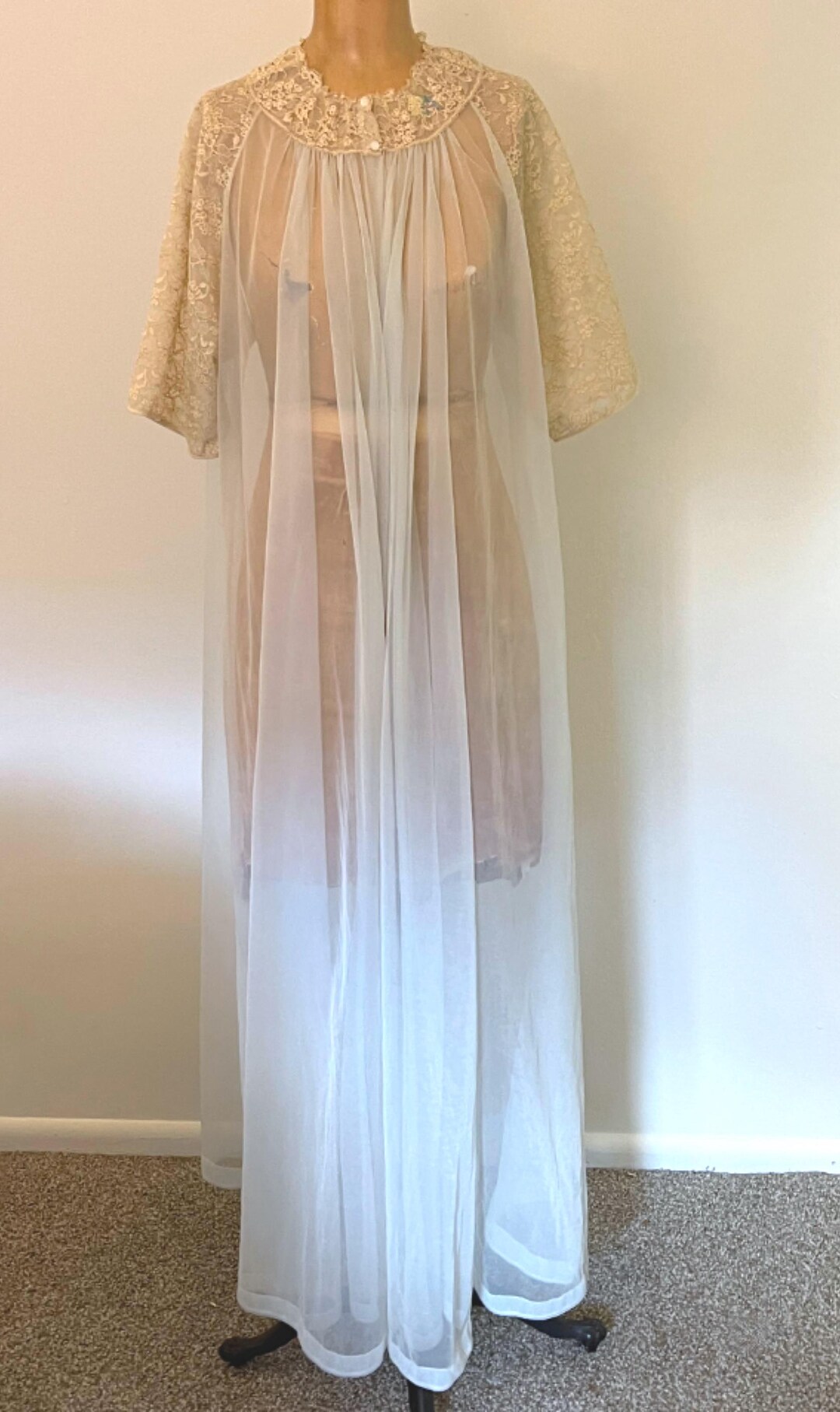 Vintage Lace and Nylon Chiffon Sheer Pale Blue Peignoir Robe - C. 1950s ...