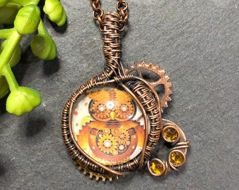 Woven wire wrapped steampunk Owl pendant, wire work, wire art, steam punk jewelry