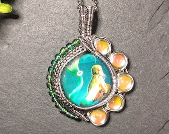 Woven wire wrapped relaxing Mermaid with teal seed beads and K9 glass cabochons, pendant, wire work, wire art