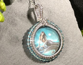 Woven wire wrapped relaxing Mermaid with blue seed beads, pendant, wire work, wire art