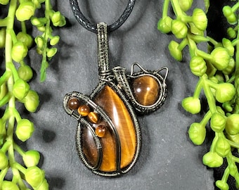 Goldener Tigerauge-Katzen-Anhänger, Wire Wrapped Cat Halskette
