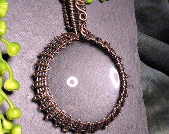 Large magnifying glass pendant, woven wire wrapped, wire work, wire art