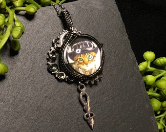 Woven wire wrapped proper gentleman steam punk cat pendant, wire work, wire art