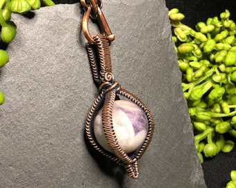 20mm Chevron Amethyst crystal ball, fidget spinner and pendulum necklace, woven wire wrapped, anxiety jewelry