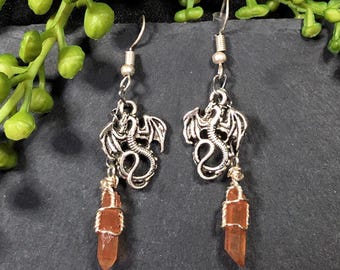 Natural Tangerine Quartz points with dragon charms, earrings, wire wrapped, wire work