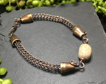 Viking Knit with fossil coral bracelet, wire work, wire weaving