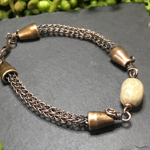 Viking Knit with fossil coral bracelet, wire work, wire weaving