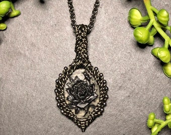 Woven wire wrapped Black Rose cameo, pendant, necklace