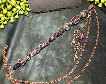 Copper Wand, pointer with a polished Fluorite Crystal, Fluorite crystal balls and dangly charms