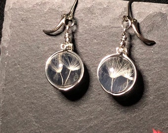 Wire wrapped Dandelion seed fluff crystal ball earrings, dried plants, wire work, wire art