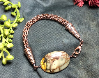 Viking Knit with Dragon’s Vein Jasper bracelet, wire work, wire weaving