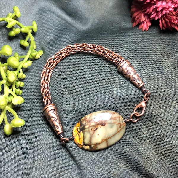 Viking Knit with Dragon’s Vein Jasper bracelet, wire work, wire weaving