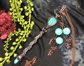 Woven Copper Wand Pendant, Dyed Magnesite Skull, Hemalyke, Howlite Point, Wire Art