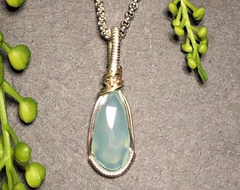 Beautiful, petite, faceted, Aqua Chalcedony pendant, necklace, woven wire, wire weaving, gemstone