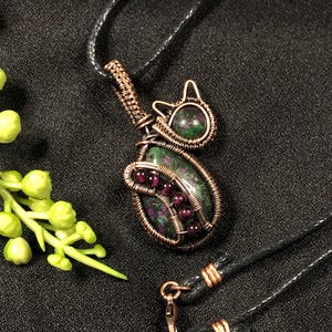 Ruby Zoisite Forest Kitten Necklace, Wire Wrapped Gemstone Cat Pendant, Garnet Tail