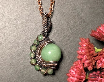Green Aventurine with Green Aventurine beads woven wire wrapped Globe Pendant, petite, copper, necklace, crystal ball jewelry