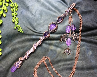 Woven wire wrapped Copper Wand, pointer with Amethyst crystal balls and point, wire work, wire art