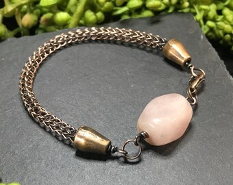 Viking Knit with Rose Quartz bracelet, wire work, wire weaving