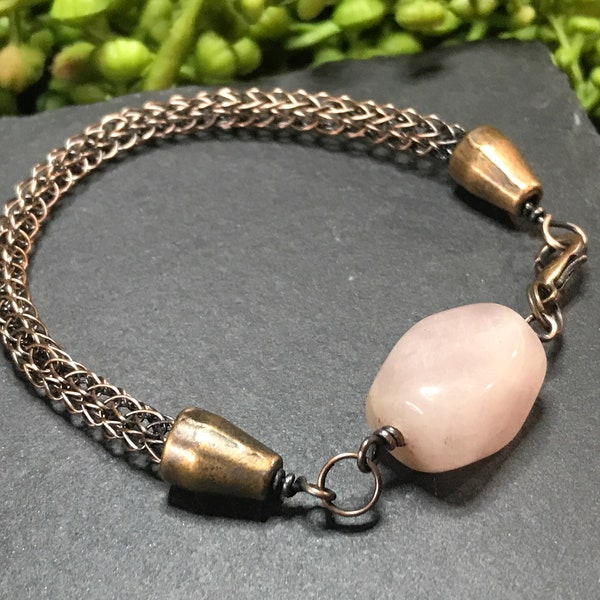 Viking Knit with Rose Quartz bracelet, wire work, wire weaving