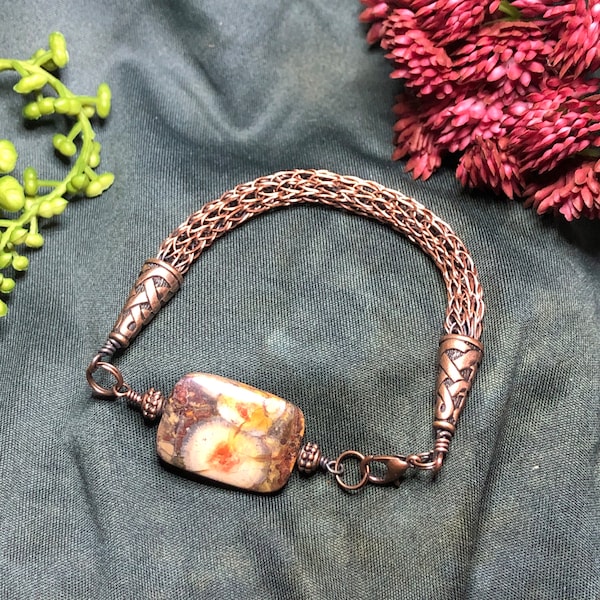 Chunky, thick, Viking Knit with Birds Eye Rhyolite bracelet, wire work, wire weaving