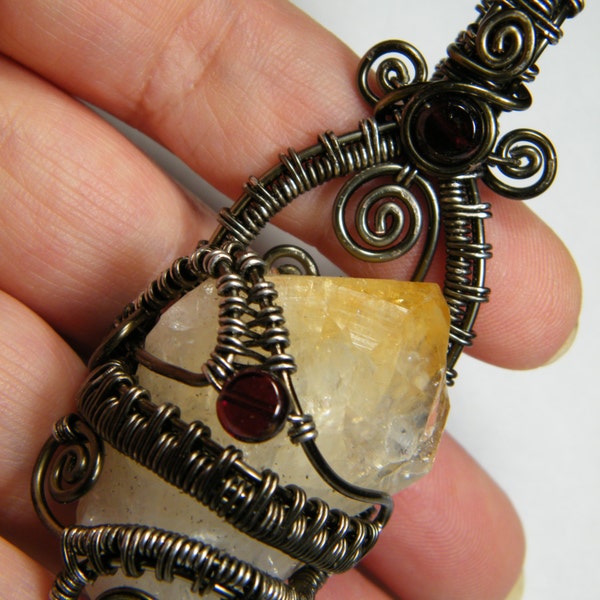 Large woven wire wrapped natural Citrine point with Garnets, pendant