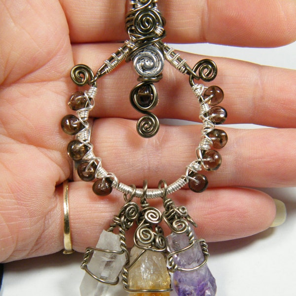 Natural Amethyst, Citrine and a Clear Quartz points with Smokey Quartz, charm necklace, leather