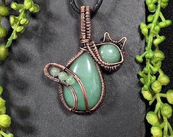 Lucky Green Aventurine Cat Pendant, Handmade Copper Weave Cat Charm