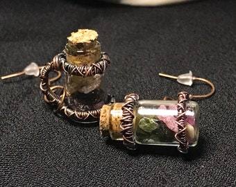 Tourmaline Gemstone Bottle Earrings, Copper Wire Wrapped Dangle Jewelry