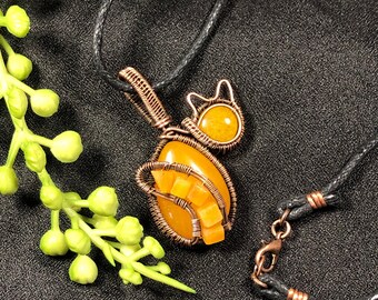 Gelb Quarz Kätzchen Anhänger Halskette, Handgemachter Kupferdraht Gewickelt Katzen Schmuck, Witchy Boho Geschenk