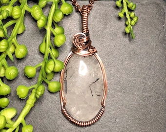 Woven wire wrapped Tourmalinated Quartz pendant, necklace, Tourmalated Quartz