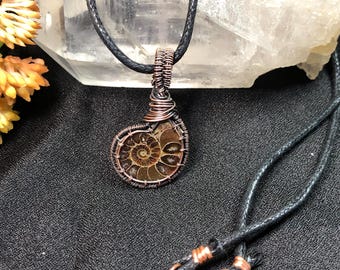 Petite Hand gewebt Kupfer Wrapped Ammonit Fossil Anhänger Halskette, Antiqued Poliert Fossil Schmuck
