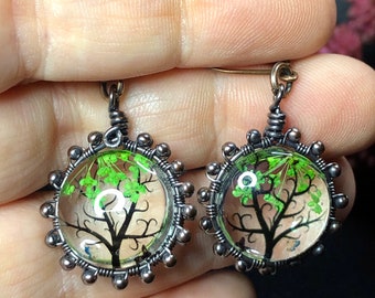 Wire wrapped dried flower tree earrings, dried plants, wire work, wire art, world tree, tree of life