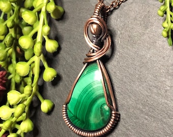 Large wire wrapped Malachite pendant, necklace, wire work, wire art