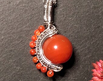 Fiery red Carnelian with Carnelian beads woven wire wrapped Globe Pendant, petite, necklace, crystal ball jewelry