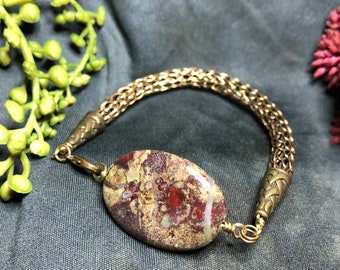 Chunky, thick, Viking Knit brass wire with Dragon’s Blood Jasper bracelet, wire work, wire weaving