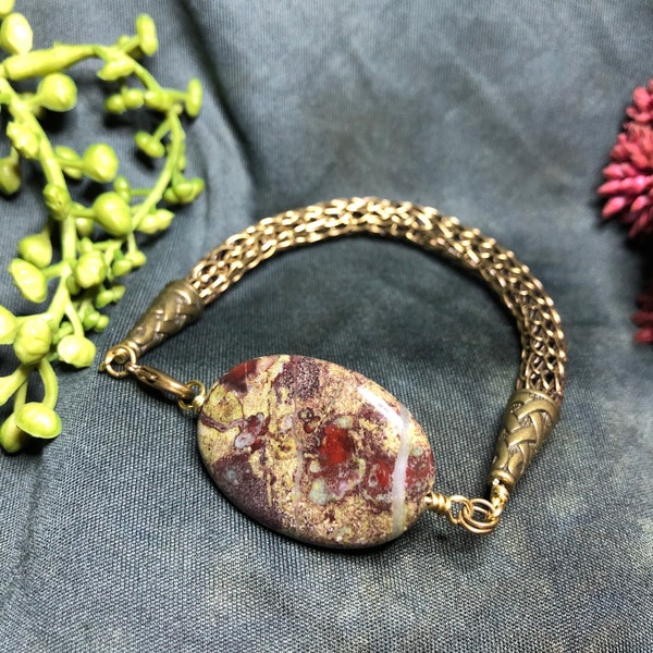 Chunky, thick, Viking Knit brass wire with Dragon’s Blood Jasper bracelet, wire work, wire weaving