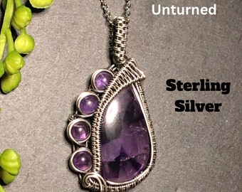 Woven wire wrapped purple Amethyst with smaller Amethysts, pendant, wire work, wire art