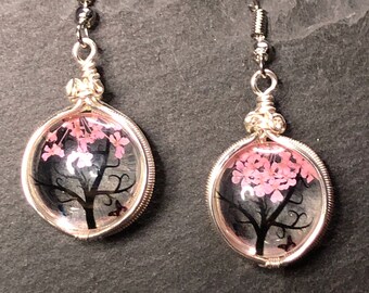 Wire wrapped dried flower cherry tree earrings, dried plants, wire work, wire art, world tree, tree of life