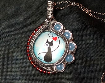 Verzauberte Katze Halskette, handgemachter Fantasy Anhänger, Katzen Herz Schmuck, wunderliches Geschenk für Sie