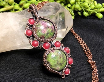 Clearance// Woven wire wrapped Ruby in Zoisite with dyed Quartz, multi stone pendant, Ruby jewelry