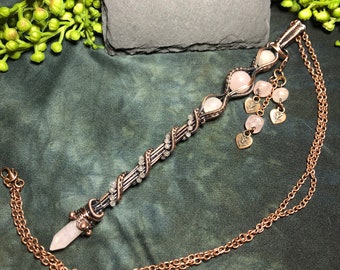 Woven wire wrapped Copper Wand and pointer with a Rose Quartz point and spheres, wire work, wire art, crystal ball wand