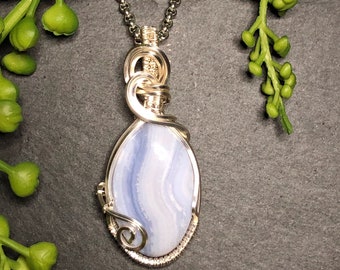 Blue Lace Agate Pendant Necklace, Silver-Plated Wire Wrapped Gemstone Jewelry